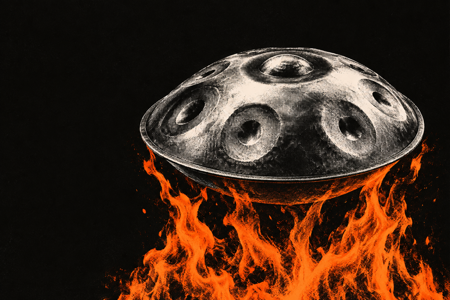 A halftone steel handpan suspended over bright orange forge flames