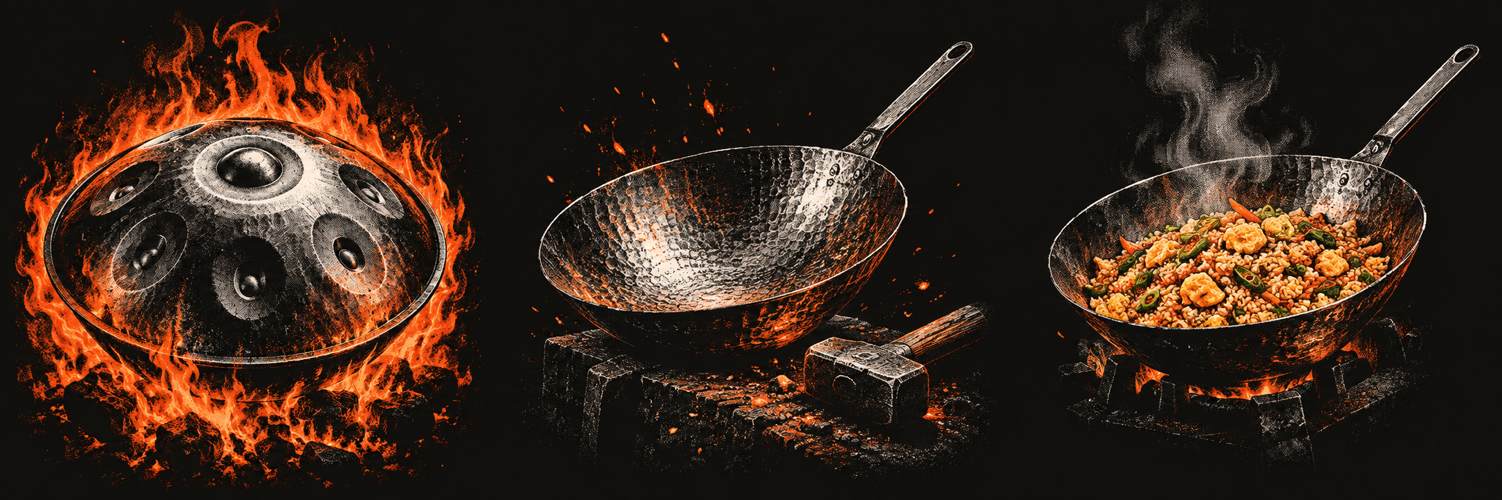 A steel handpan surrounded by orange forge flames